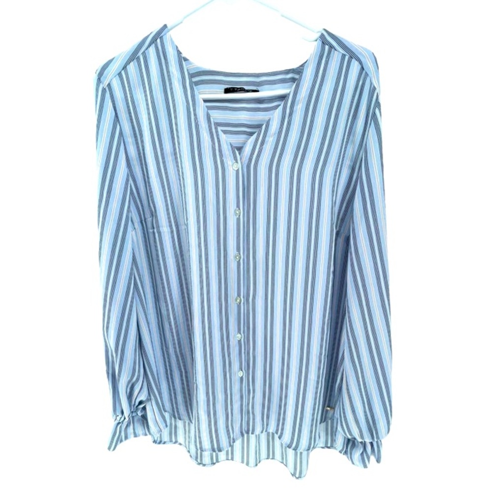 T Tahari Blue Striped Long Sleeve Button Down Blouse Women's Size Medium EUC